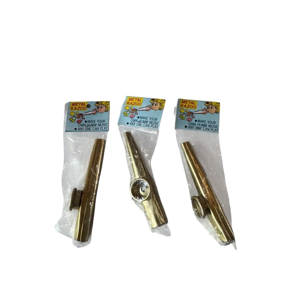 Vintage Metal Kazoo Lot of 3‎ New Sealed Brass Tone Party Toy Taiwan Retro Music